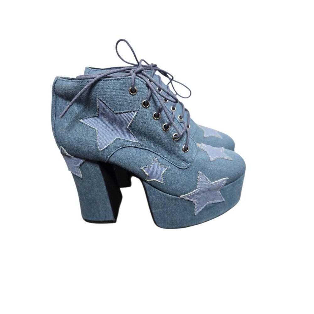 Dolls Kill Sugar Thrillz Shoot For the Stars Playhaus Platforms Denim sz 8